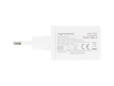 Ładowarka Movano GaN 45W USB-C PD + USB-A (white)