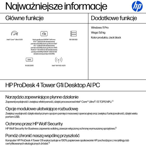 HP ProDesk 4 Tower G1i Desktop AI PC Ultra 5 225 16GB DDR5 SSD512 Arc 130T W11Pro 3Y OnSite